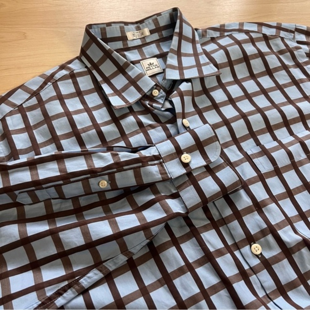 PETER MILLAR Blue Brown Squared Long Sleeve Button Down Shirt Size Large‎